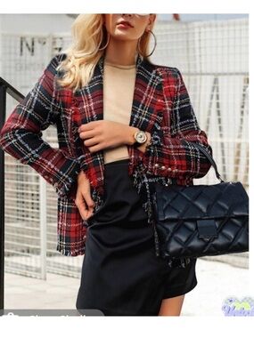 Red, Navy & White Tweed Fringed Plaid Jacket